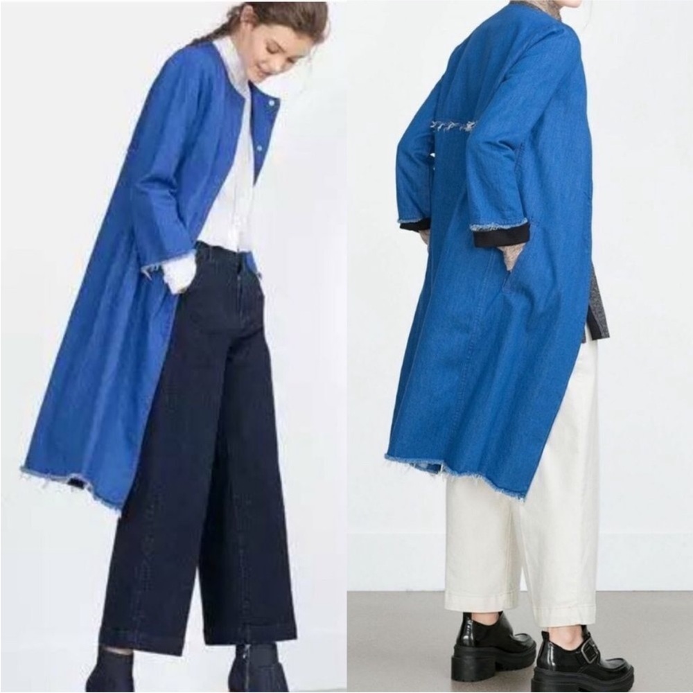 ZARA Blue Jean Jacket longline collarless denim duster small - Picture 8 of 13